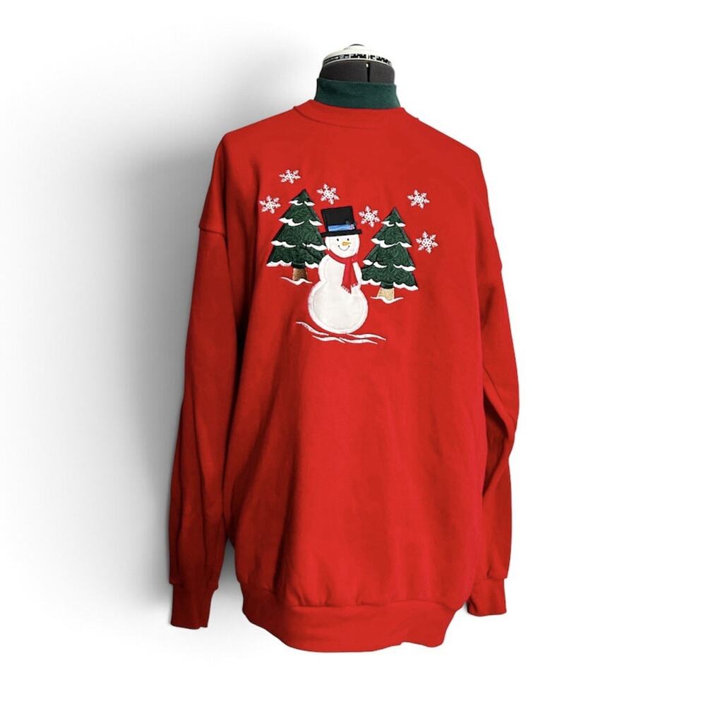 Vintage 90s Pleasant Shade Snowman Christmas Sweatshirt USA Made XL Red Mockneck